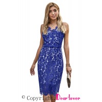 Blue Eyelash Lace Spaghetti Strap Midi Dress