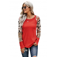 Orange Multi Print Color-block Sleeves Waffle Knit Top