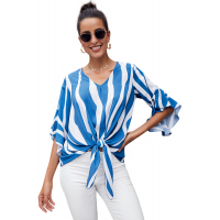 Sky Blue Vertical Stripes V Neck 3/4 Sleeve Blouse