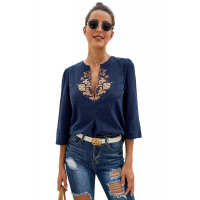 Blue Boho Embroidered V Neck 3/4 Sleeve Casual Blouse