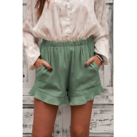 Green Linen Cotton Pocketed Flutter Shorts