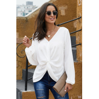 White Long Sleeve Twist Front Slit Blouse