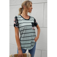 Gray Striped T-shirt with Patch Pocket