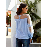 Sky Blue Fashion Lantern-Sleeve Lace Patchwork Top