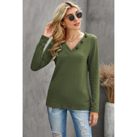 Green V-neck Button Solid Color Long Sleeve Top