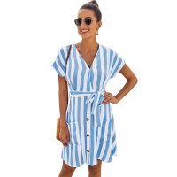 Sky Blue Fashion Stripe Short Sleeve Casual Dress