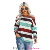 Brown One Shoulder Striped Color Block Lantern Long Sleeve Top