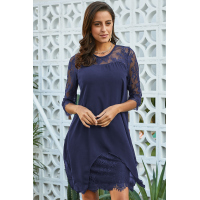 Blue Chiffon Overlay Three Quarter Sleeve Dress