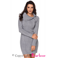 Asymmetric Buttoned Collar Grey Bodycon Sweater Dres