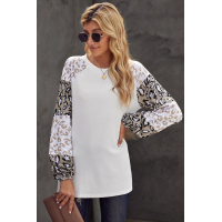 Beige Leopard Print Bubble Sleeve Top