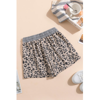 Khaki Leopard Print Drawstring Waist Shorts