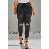 Black Gather Round Distressed Pocketed Denim Jogger