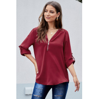 Red Casual V Neck Zip up Half Sleeve Blouse