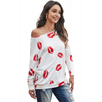 White Valentine’s Day Lip Prints Long Sleeve Top