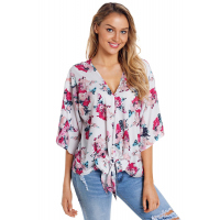 Floral Print Tie Front Kimono Sleeve Blouse