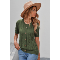 Green Cable Knit Short Sleeve Top with Buttons