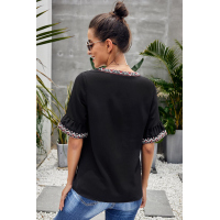 Black Boho Floral V Neck Casual Blouse