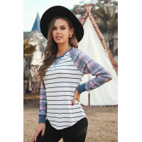 Plaid Raglan Sleeve Striped Top