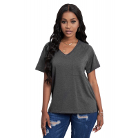 Gray V Neck Short Sleeves Cotton Blend Tee with Front Pocket and Side Slits