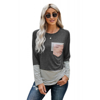 Stripe Pocket Sequins Splicing Long Sleeve O-neck Top