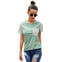 Green Striped Short Sleeve Contrast Color T-Shirt with Pocket