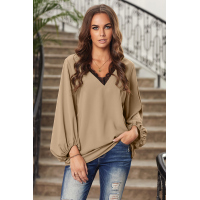 Khaki Lace V Neck Balloon Sleeves Top