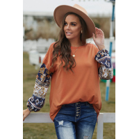 Brown Boho Floral Print Balloon Sleeve Top with Lace Details