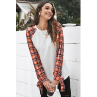 Orange Plaid Patchwork Long Sleeve Top with Cuff Bow