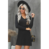 Leopard Print Splicing Black Cotton Mini Dress