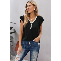 Black V Neck Buttoned Lace Trim Short Sleeve Tee