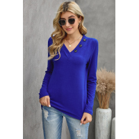 Blue V-neck Button Solid Color Long Sleeve Top