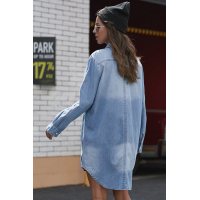 Blue Turn Down Collar Button Long Sleeve Denim Shirt Mini Dress