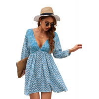 Sky Blue V Neck 3/4 Sleeve Bohemian Vintage Print Mini Dress