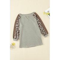 Mocha Leopard Print Waffle Knit Long Sleeve Top