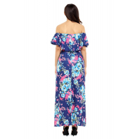 Flower Print Blue Grounding Off Shoulder Long Boho Dress