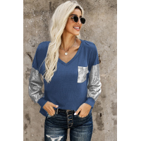 Sequin Splicing Blue V Neck Bishop Sleeves Top