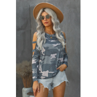 Gray Camouflage Shoulder To Hollow Out Long Sleeve Top