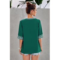 Green Chic Boho V Neckline Half Sleeve Blouse