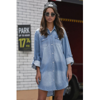 Blue Turn Down Collar Button Long Sleeve Denim Shirt Mini Dress