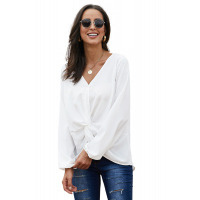 White Long Sleeve Twist Front Slit Blouse