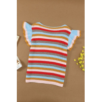 Multi-color Striped Ruffle Short Sleeve Knit Top