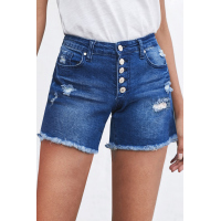 Blue Frayed Hem Single-breasted Ripped Denim Shorts