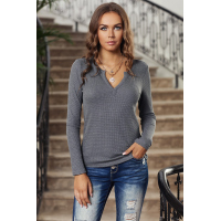 Gray V Neck Cotton Blend Long Sleeve Top