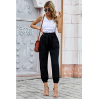 Black Solid Color Frock-style Pants with Belt