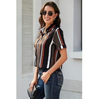 Black Brown Striped Short Sleeve Button Shirt