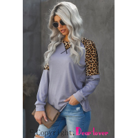 Gray Leopard Stitching Long Sleeve Top