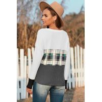 Green Plaid Color Block V Neck Long Sleeve Top