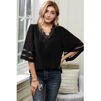 Black V Lace Neckline 3/4 Bell Mesh Sleeves Blouse