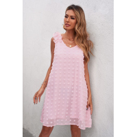 Pink Swiss Dot V Neck Ruffled Sleeveless Mini Dress