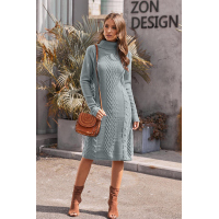 Gray Hand Knitted High Neck Sweater Dress